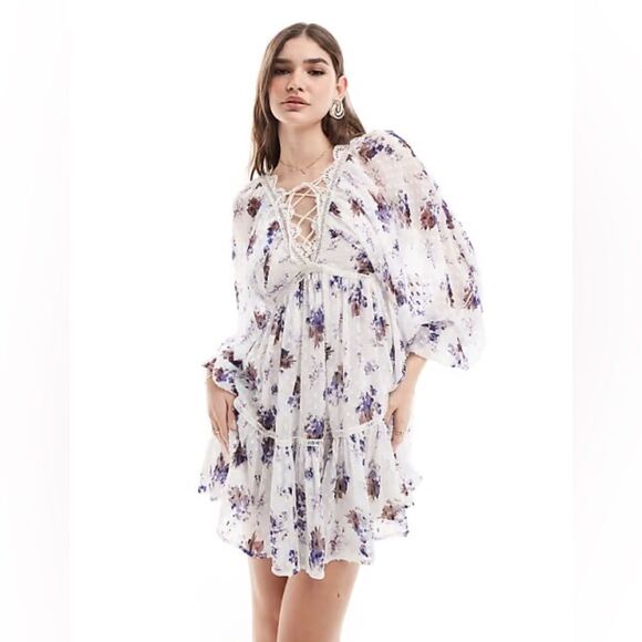 White and Purple Mini Sundress with Bishop Sleeves - Picture 2 of 4